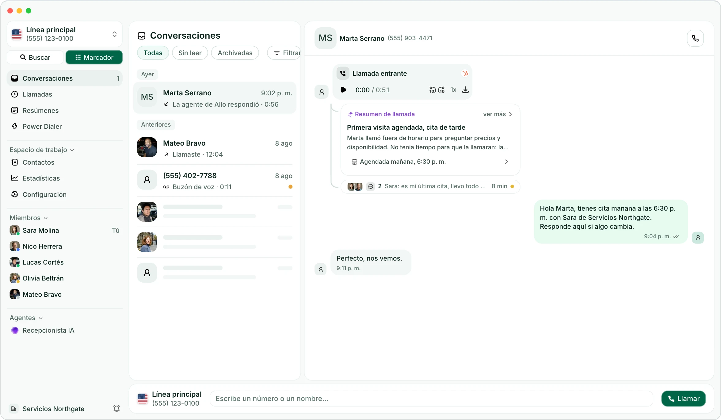 La app de Allo para computadora: la bandeja del equipo con llamadas, mensajes y resúmenes de IA