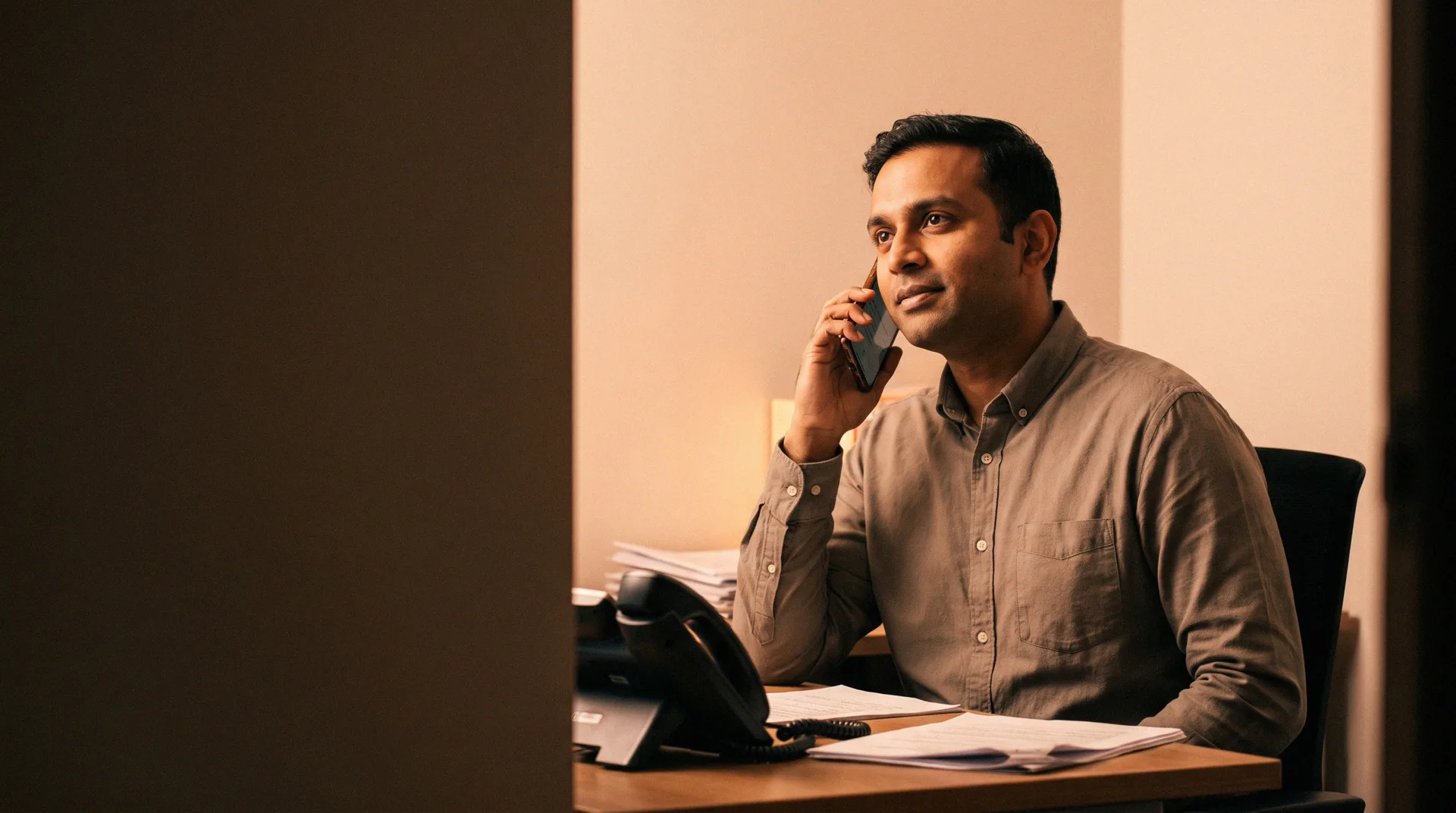 An insurance agent on a call at his desk