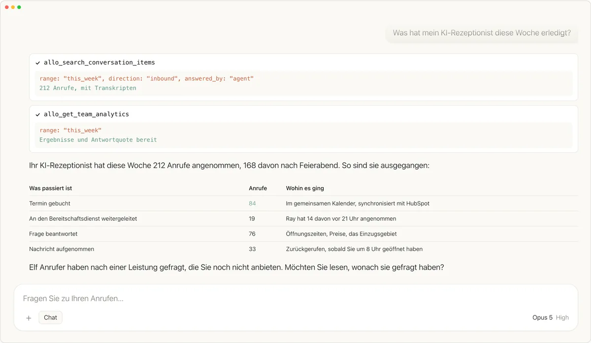 Ein KI-Assistent beantwortet über Allo eine Frage zu den Anrufen der Woche