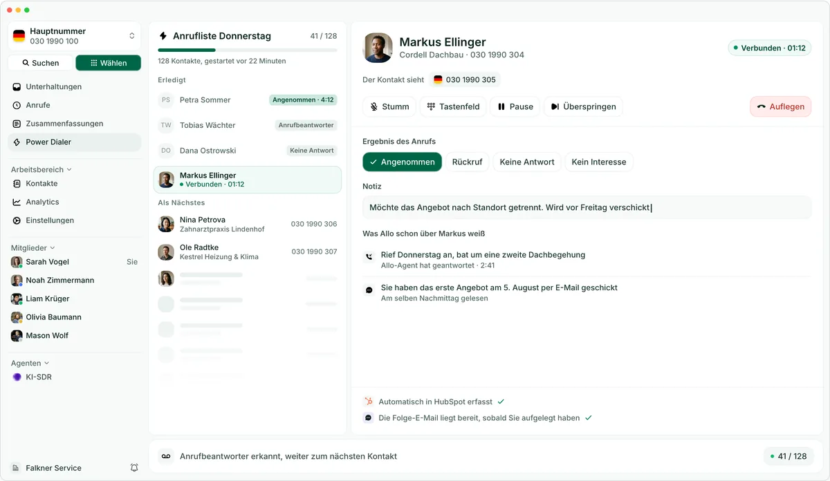 Der Allo Power Dialer, links die Anrufsitzung und rechts das laufende Gespräch