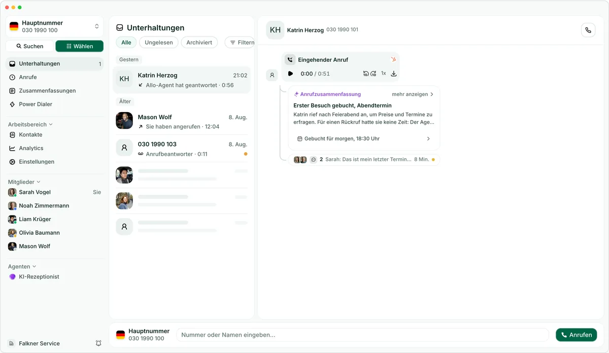 Die Allo Desktop-App in den Konversationen, mit einem Anruf, seiner KI-Zusammenfassung und den folgenden Nachrichten