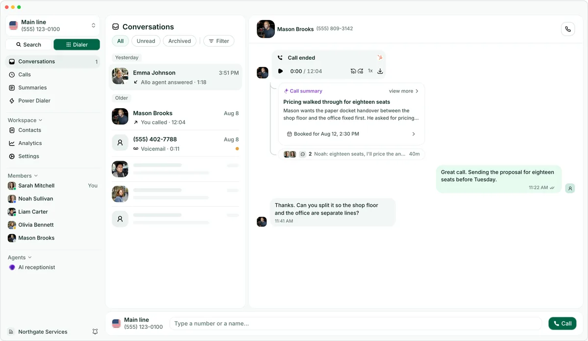 The Allo desktop app showing an outbound conversation