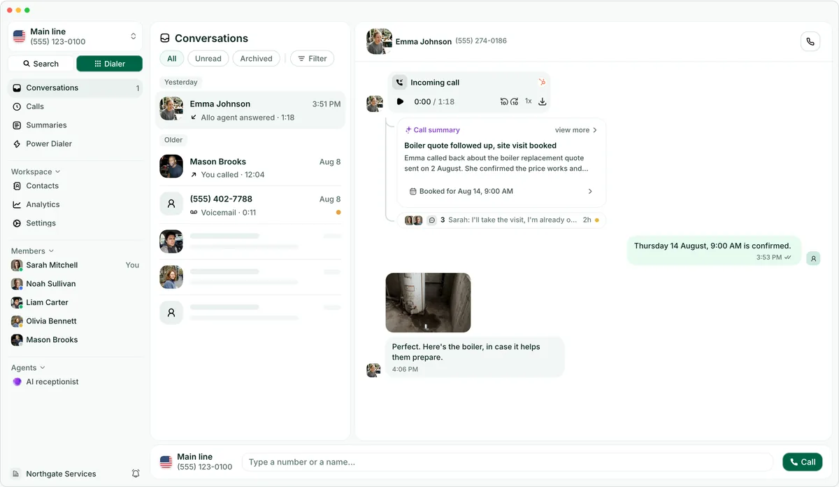 The Allo desktop app on Conversations, showing a call with its AI summary and the texting that followed