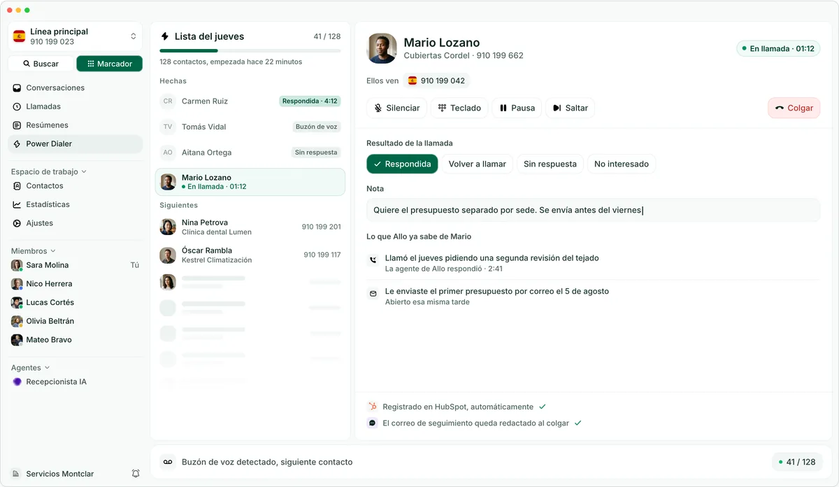 El marcador automático de Allo, con la sesión de llamadas a la izquierda y la llamada en curso a la derecha
