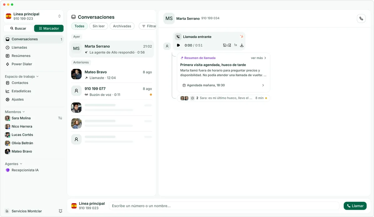 La app de escritorio de Allo en Conversaciones, con una llamada, su resumen con IA y los mensajes posteriores