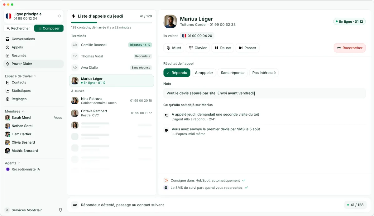 Le power dialer Allo, avec la session d'appels à gauche et l'appel en cours à droite