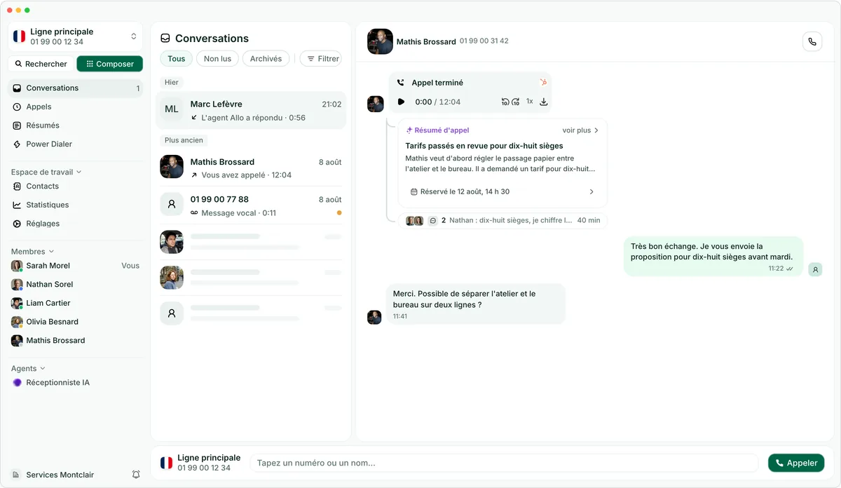 L'application bureau Allo sur une conversation sortante