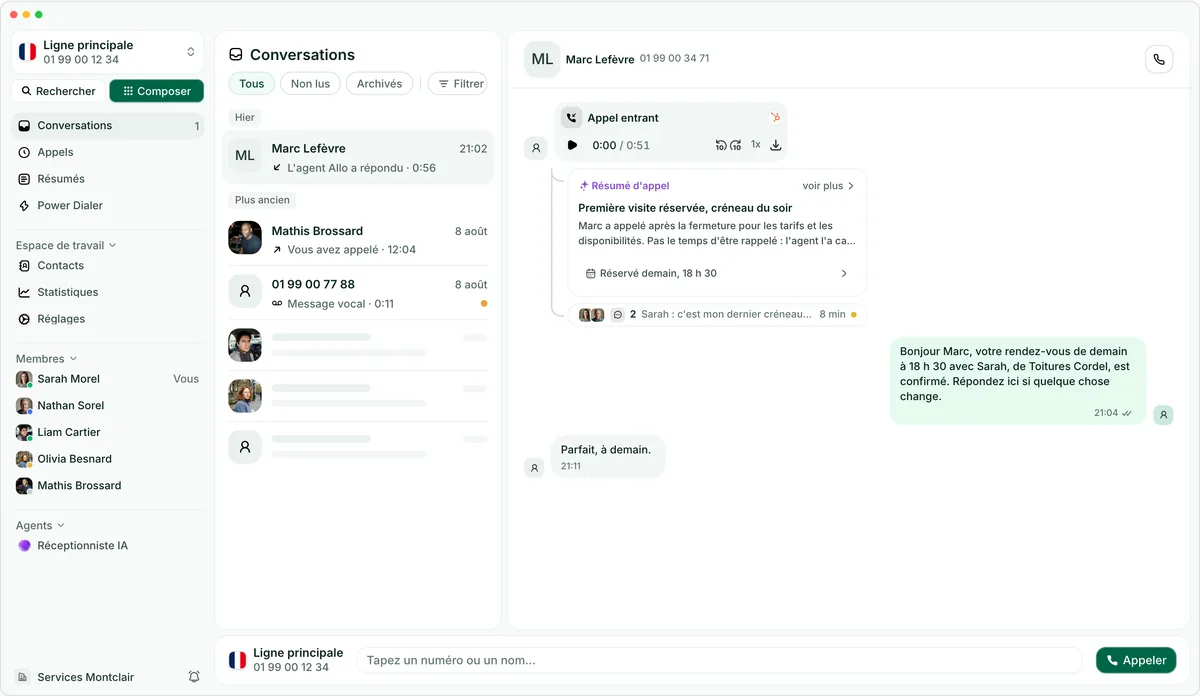 L'application bureau Allo sur Conversations, avec un appel, son résumé IA et les SMS qui ont suivi