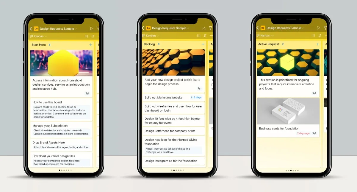 Das Anfragenboard von Honeybold auf drei Telefonen, mit denselben Spalten am Handy