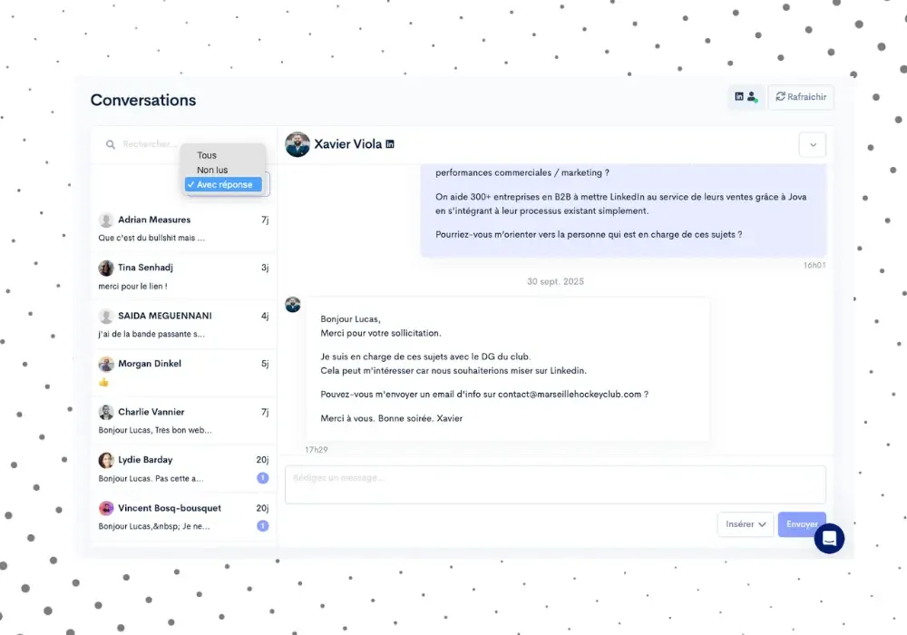 Jova's unified conversations inbox, with LinkedIn and email threads side by side