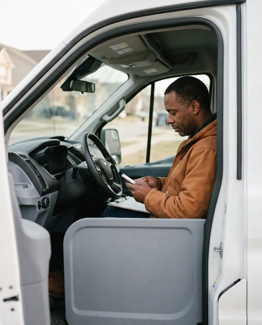 A roofing contractor in his van, reading his phone after a call