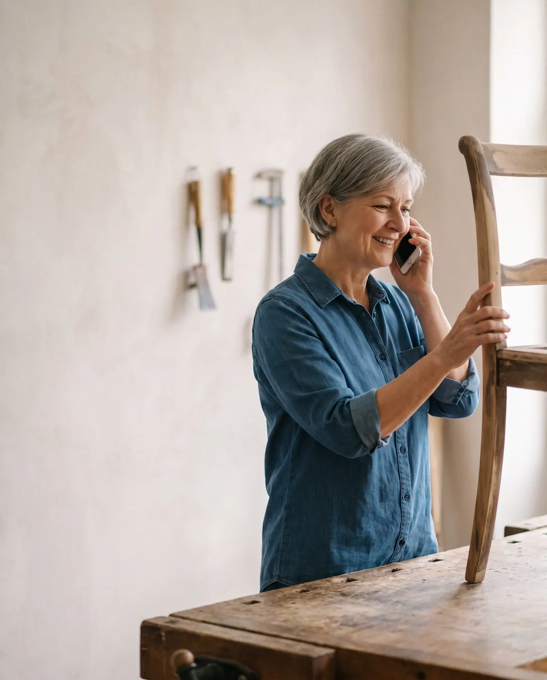 A workshop owner smiling on a call at her workbench