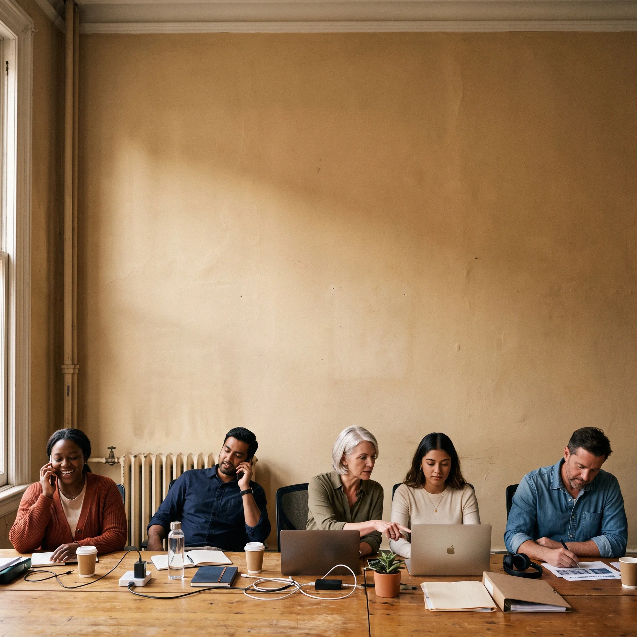 A five-person team at work at one long desk