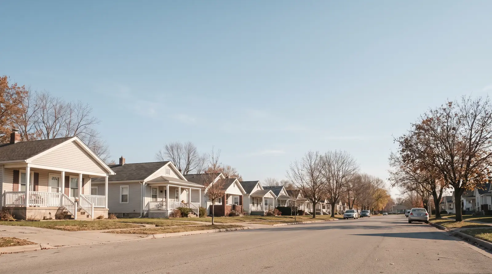A quiet American residential street under a clear sky