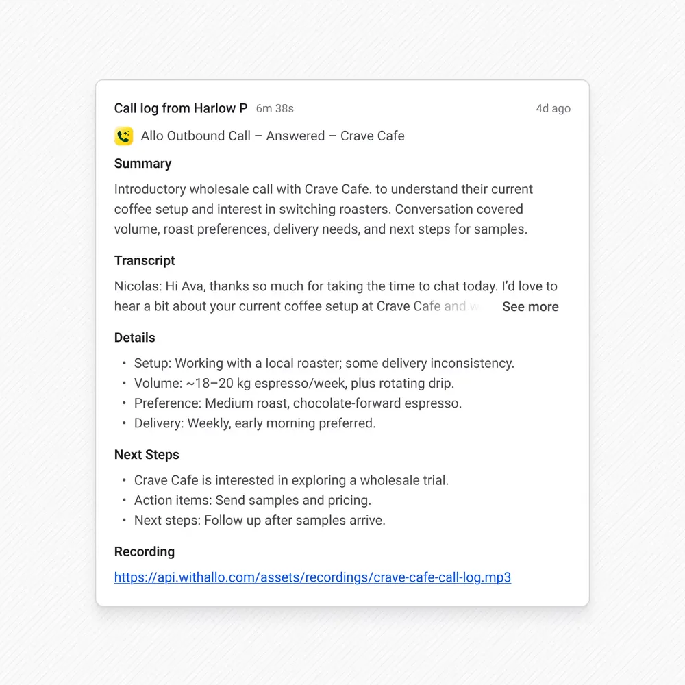 An Allo AI call log with summary, details and next steps, ready to log to the CRM