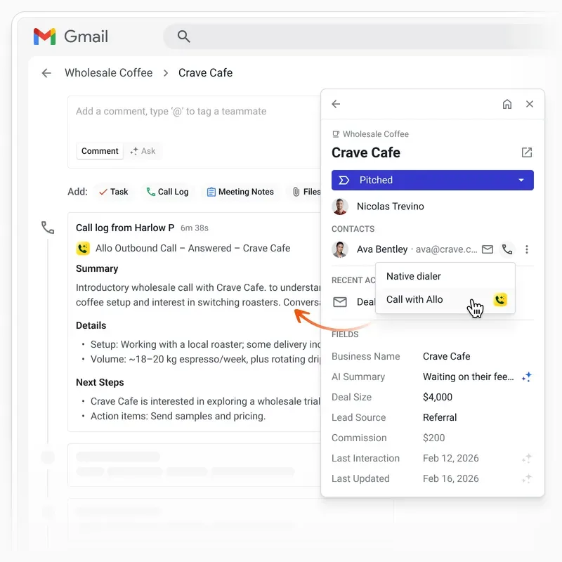 The Allo dialer inside a Streak box in Gmail, placing a call to a prospect