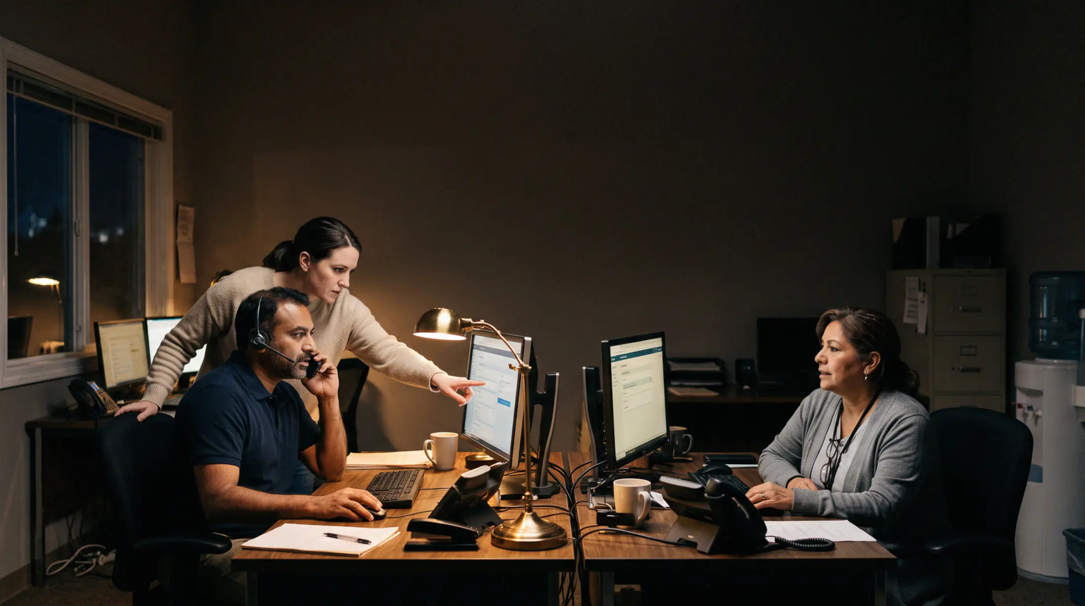 A support team working their shared phone line together